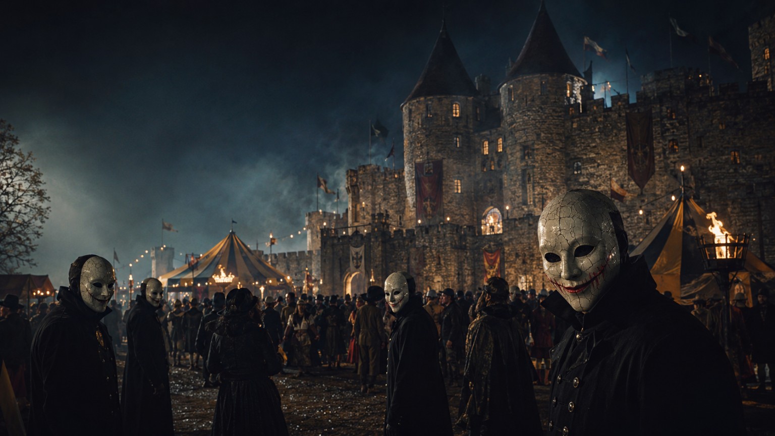 Concept art of the Red Threads moving through a crowded fantasy festival at night