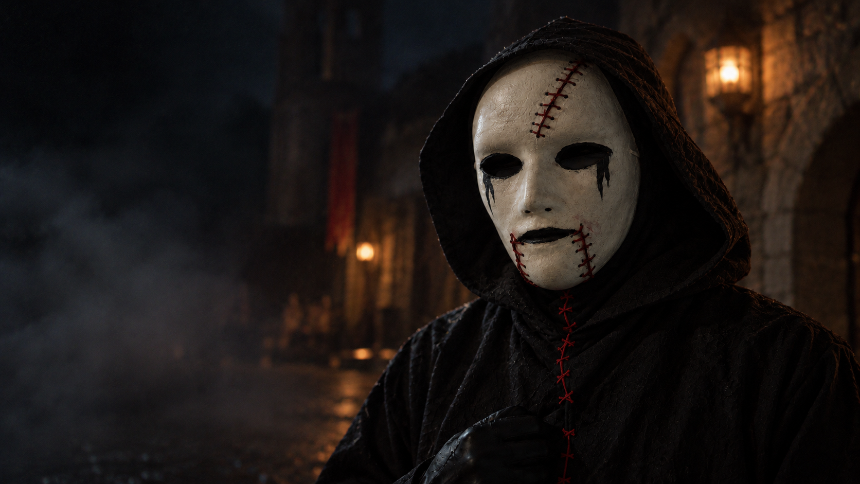 A Red Thread in the approved hooded robe and scarlet stitched seam inside a foggy haunt passage