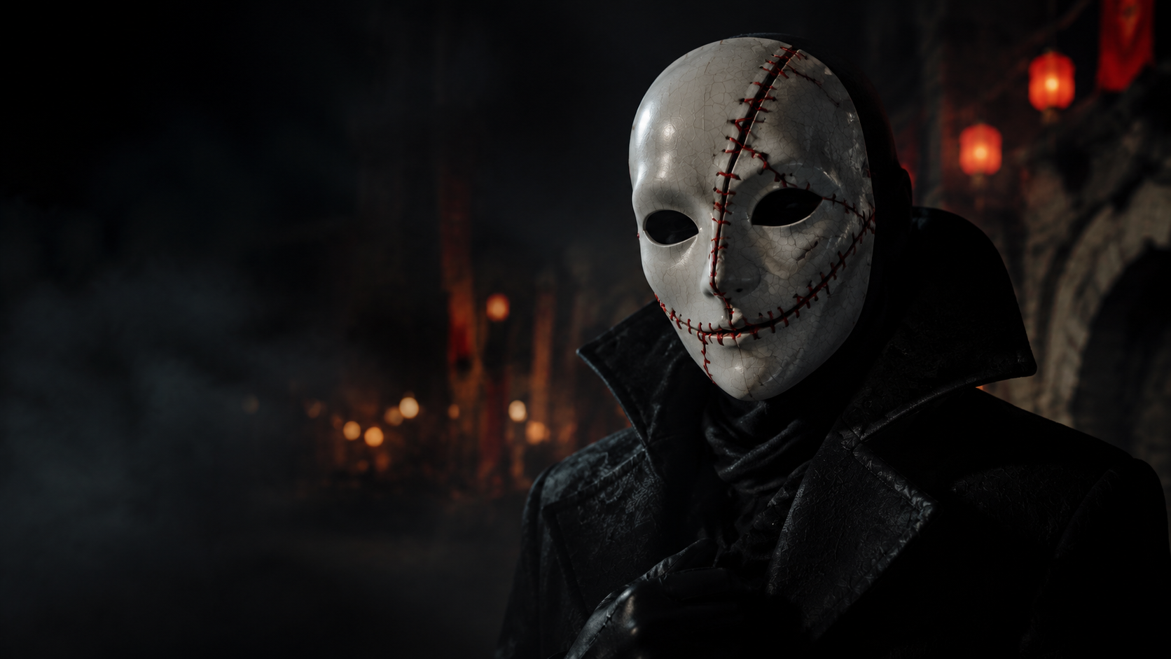 A cracked white mask repaired with red thread in a foggy festival setting