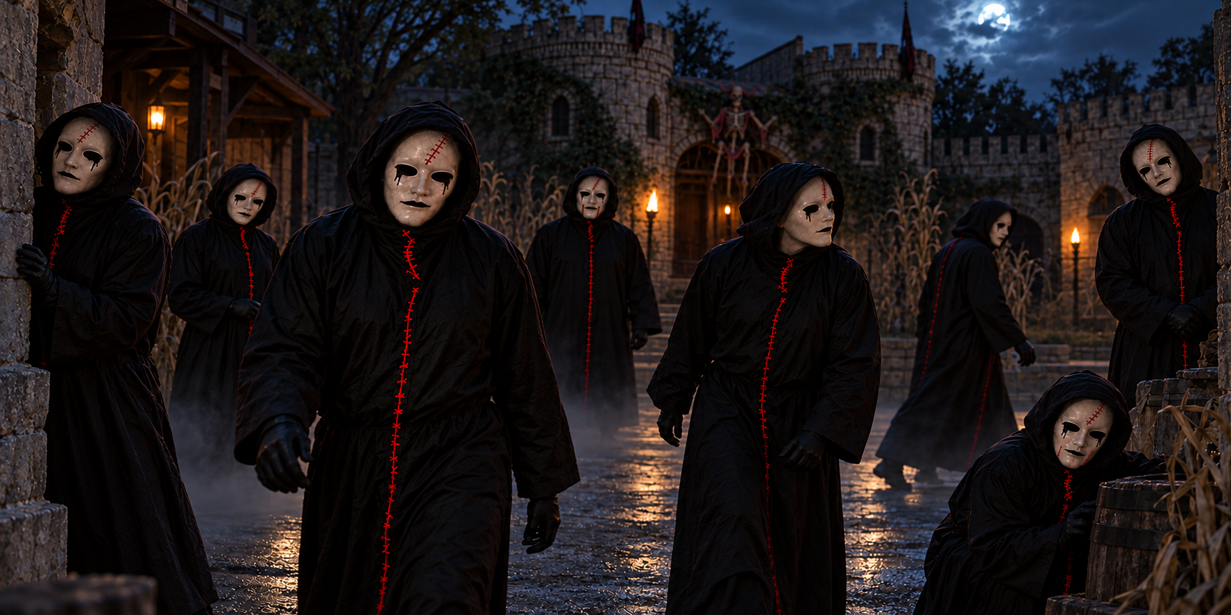 Seven Red Thread performers spread through the Castle of Muskogee haunt with the murderer hidden among them